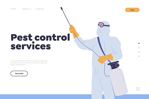 Pest control service landing page design website template. Man character in protective overalls using sanitary tools equipment spraying chemical poison for domestic disinfection vector illustration