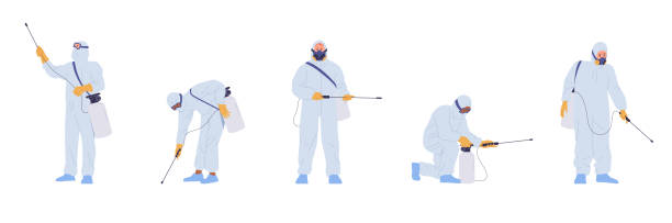 People cartoon insectologist disinfector worker character set using equipment for home disinfection Set of people cartoon insectologist disinfector worker character wearing masks and protective overalls using equipment items for home or office disinfection vector illustration isolated on white office fogging stock illustrations