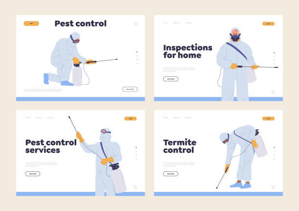 Set of landing page for pest control, home inspection and treatment professional online services Landing page set for pest control, home inspection and treatment professional online services. Company providing safety protection for house apartment and office healthy environment free from parasite office fogging stock illustrations