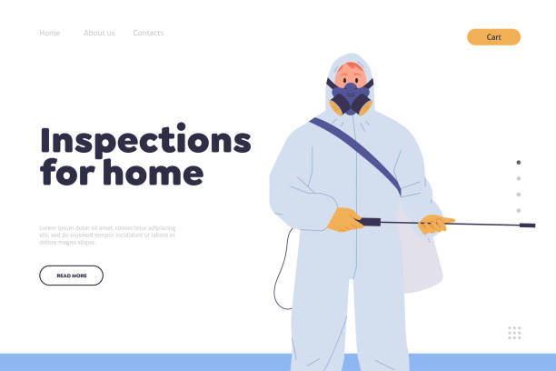 Inspection for home landing page design website template offering professional house disinfection Inspection for home landing page design website template offering professional house disinfection. Cartoon exterminator sanitary worker character in protective suit killing pests with disinfectant office fogging stock illustrations