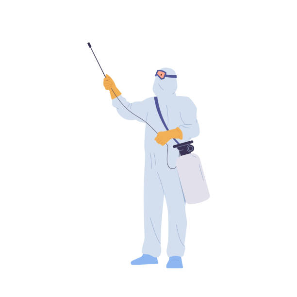 Man disinfector character in suits using poison bottle with spray nozzle and chemical poison Man disinfector cartoon character in protective suits using poison spray bottle with nozzle and chemical poison for home or office treatment against pests, insects and viruses vector illustration office fogging stock illustrations