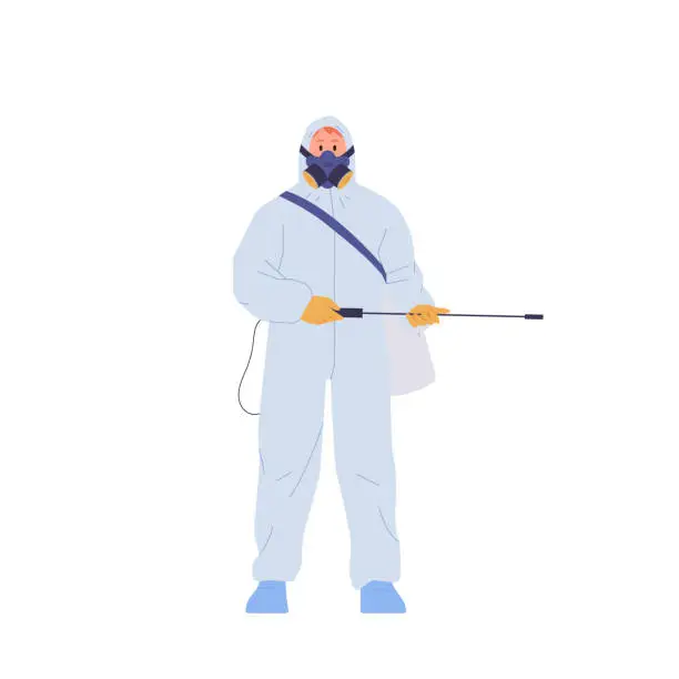 Vector illustration of Man sanitary worker character in protective overalls on guard of hygiene order and cleanliness