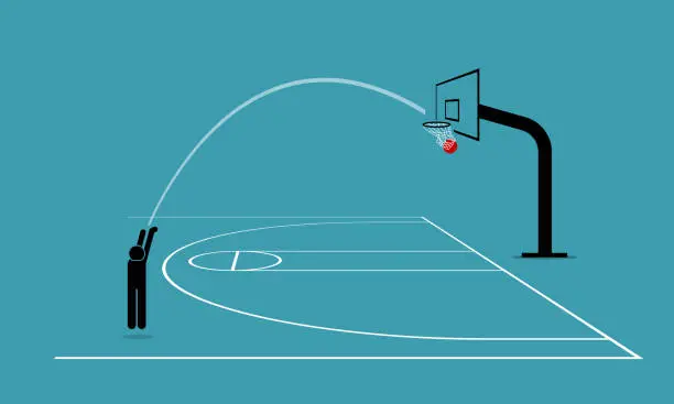Vector illustration of Man shooting a basketball from three point line into a hoop and score 3.