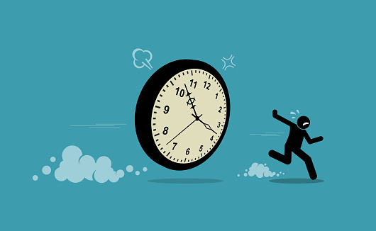 Vector illustration depicts concept of deadlines, due dates, late, slack, procrastinate, unpunctual, and not enough time.