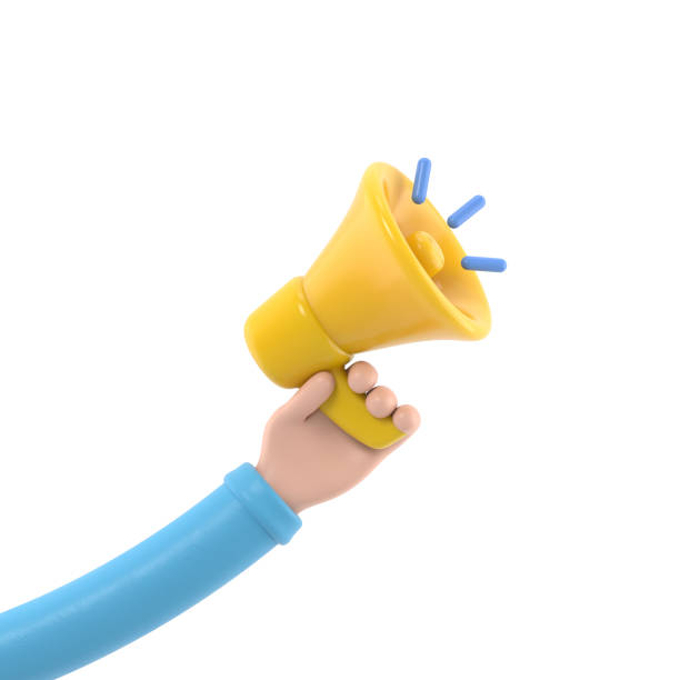 istock Cartoon Gesture Icon Mockup.3d hand holding yellow megaphone realistic icon, 3D rendering on white background. 1502429598