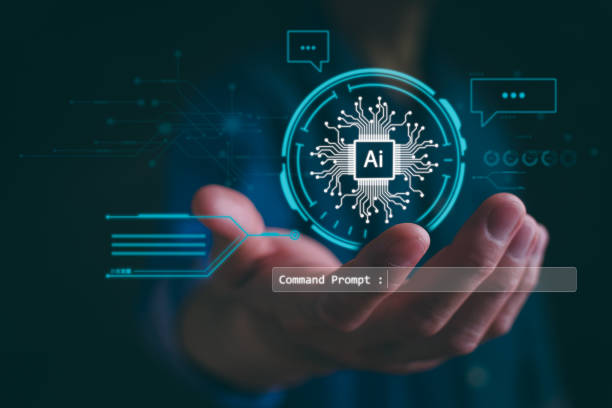 ai tech, üzletember show virtuális grafika global internet connect chatbot chat ai, mesterséges intelligencia. a parancssor használata generál valamit, futurisztikus technológiai átalakítás. - késztetés témájú stock jellegű vizuális alkotások, jogdíjmentes fotók és képek
