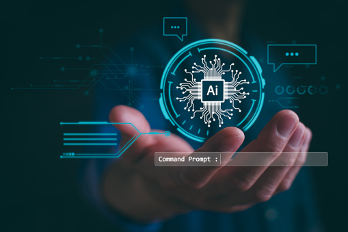 Ai tech, businessman show virtual graphic Global Internet connect Chatbot Chat with AI, Artificial Intelligence. using command prompt for generates something, Futuristic technology transformation.