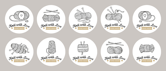 Set of stickers Knitting. knitting needles with skeins of yarn and lettering Knit with love. Hobby icons, logo, vector