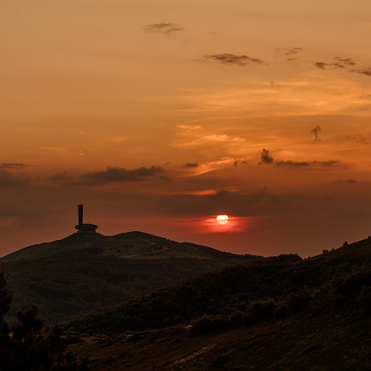 Beautiful red sunset landscape in the mountains near Buzludzha, Bulgaria