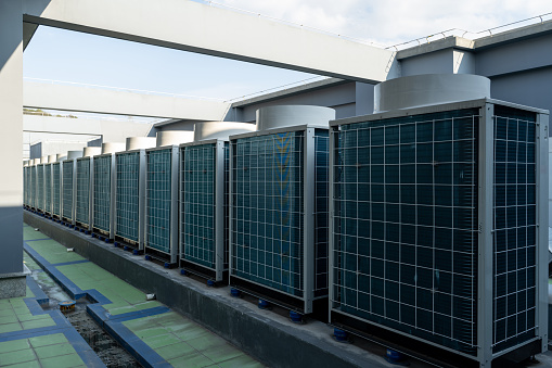 Central air conditioning equipment on the roof of commercial buildings