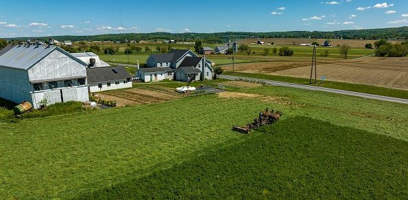 An aerial view of a sprawling farm