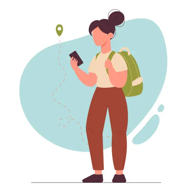 Vector illustration of Girl with a backpack and a mobile phone is planning a trip. Travel and tourism concept. Vector illustration