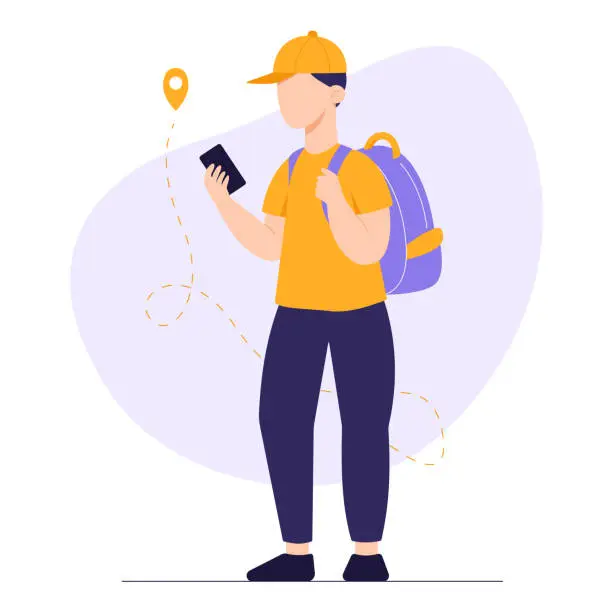 Vector illustration of Tourist with a backpack and a mobile phone is planning a route for a trip. Travel and tourism concept. Vector illustration