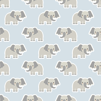 Vector sticker pattern with elephant.Tropical jungle cartoon creatures.Pastel animals background.Cute natural pattern for fabric, childrens clothing,textiles,wrapping paper.