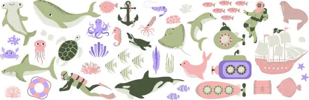 Vector illustration of Vector ocean mega set with whale,turtle,jellyfish,shark,crab,octopus,diver,penguin,squid,dolphin,walrus,ship.Underwater animals.Illustration for fabric,childrens clothing,book,postcard,wrapping paper