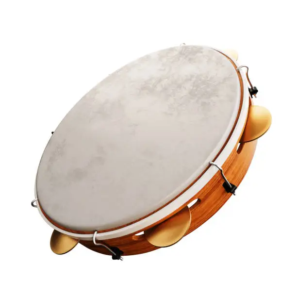 Isolated wooden tambourine. An ethnic traditional instrument used in samba and capoeira music. Brazilian hand drum. Latin percussion. 3d rendering