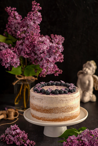 Food photography of lilac, cake, dessert, blueberry, figurine angel, rustic