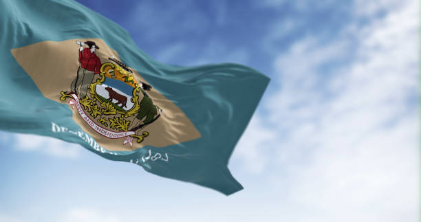 istock Close-up view of the Delaware state flag fluttering 1502434035