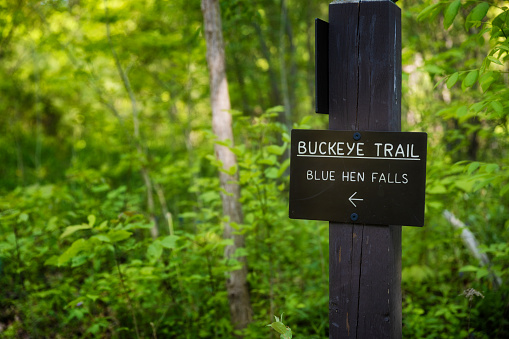 Hiking to Blue Hen Falls in Cuyahoga Valley National Park in Ohio, USA.