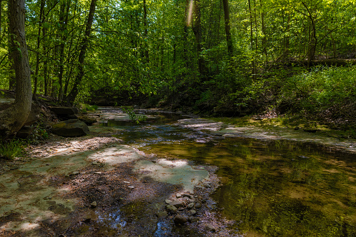 Hiking to Blue Hen Falls in Cuyahoga Valley National Park in Ohio, USA.