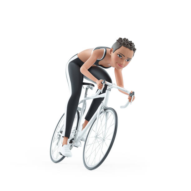 3d sporty character woman riding road bicycle, illustration isolated on white background