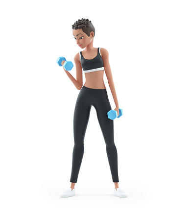 3d sporty character woman doing fitness with dumbbell, illustration isolated on white background