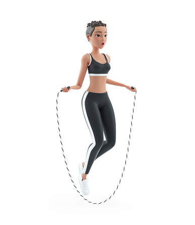 3d sporty character woman jumping rope, illustration isolated on white background