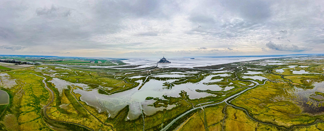 Aerial view of Mont Saint-Michel during high winter tides