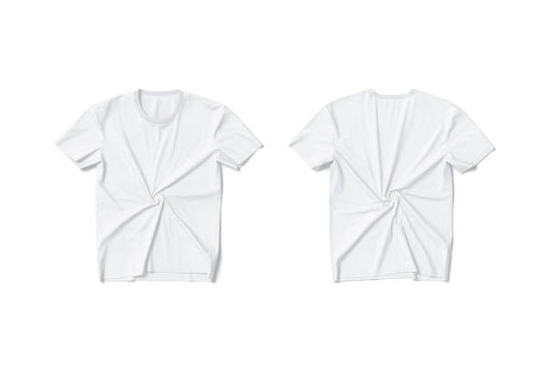 istock Blank white twisted t-shirt mockup flat lay, front and back 1502436820