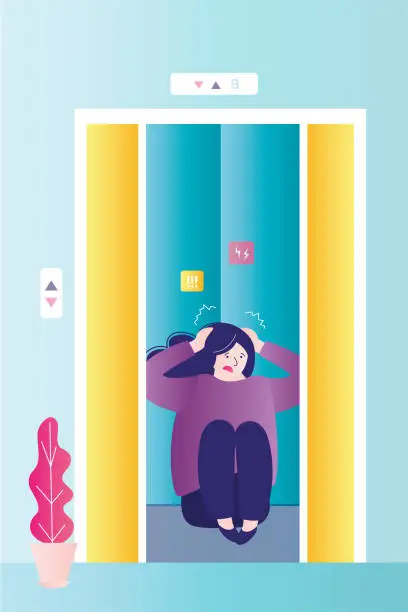 Vector illustration of Claustrophobia, concept, vertical banner. Frightened woman in elevator, fear of confined space. Panic attack, girl fear, mental phobia, person afraid getting jammed lift.