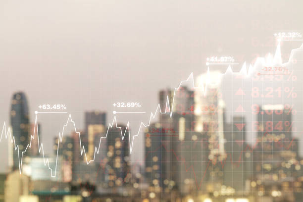 istock Multi exposure of abstract virtual financial graph hologram on blurry skyline background, forex and investment concept 1502441333