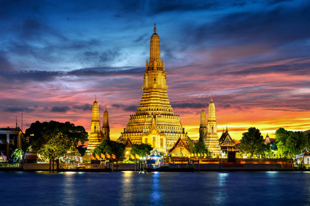 Wat Arun temple at twilight in Bangkok, Thailand. stock photo