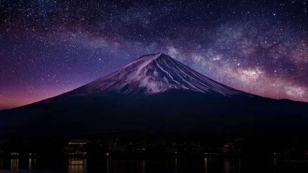 夜の天の川と富士の山。