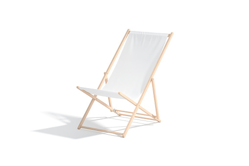 Blank white folding beach chair mock up, side view, 3d rendering. Empty collapsible chaise-longue for summertime travel mockup, isolated. Clear relaxation portable sunbed template.