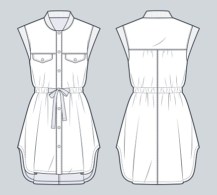 Shirt Dress technical fashion Illustration. Drawstring Dress fashion flat technical drawing template, ribbed collar, sleeveless, button down, front and back view, white, women, men, unisex CAD mockup.