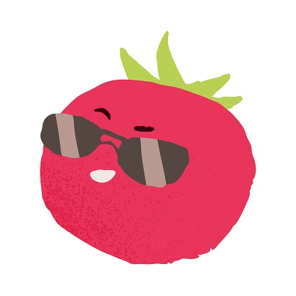 Funny cute tomato character in sunglasses. Happy cool vegetable in summer sun glasses smiling. Amusing comic food, macho seducer. Flat vector illustration isolated on white background.