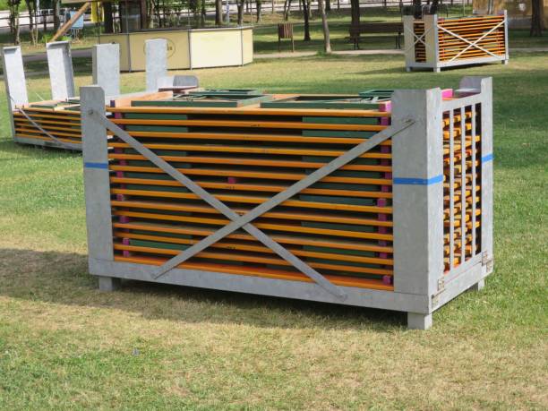istock Outdoor park area with tables and benches assembled. 1502455179