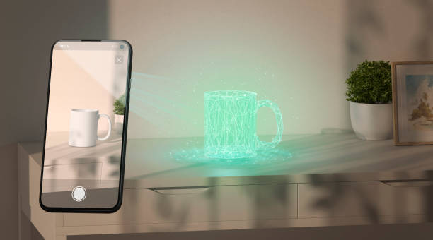 projection mug hologram on table phone display augmented reality - mr tom imagens e fotografias de stock