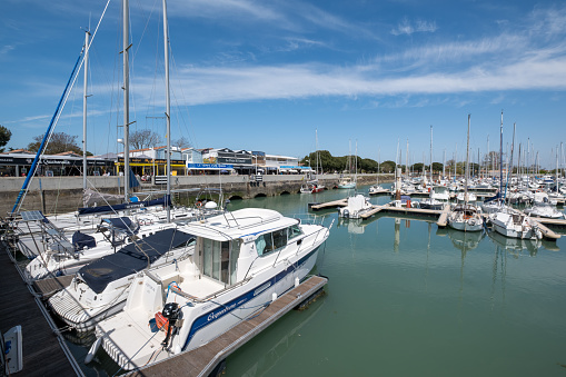 SAINT-GEORGES D'OLERON, FRANCE - April 20 2023. The marina in Boyardville, a district of Saint-Georges-d'Oléron, is lined with small restaurants popular with tourists.