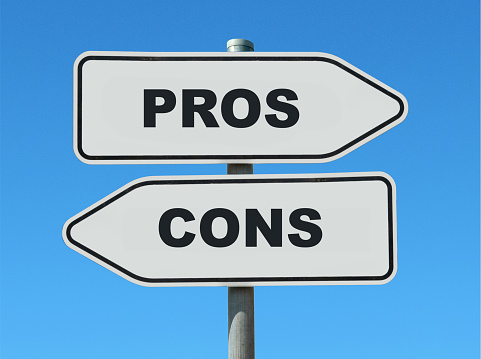 Two white signposts on a blue background point in opposite directions and showing PROS and CONS - concept for: Advantages and disadvantages, decision making