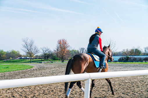A Horse Training Jockey Riding a Racehorse to the Track for Training in the Northeast USA on a Sunny Spring Morning
