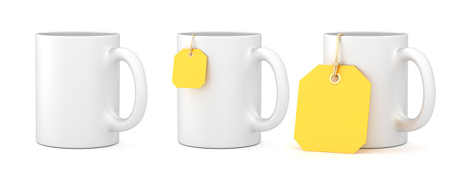 Mockup of the three white cups with yellow tea bag of different sizes and without teabag label isolated on the white background.
