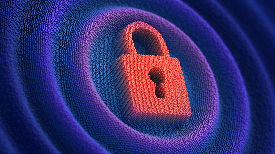 Digital lock sign on the  futuristic neon wavy pixelated background. Big data safe. Cyber internet security and privacy concept. Database storage 3d render