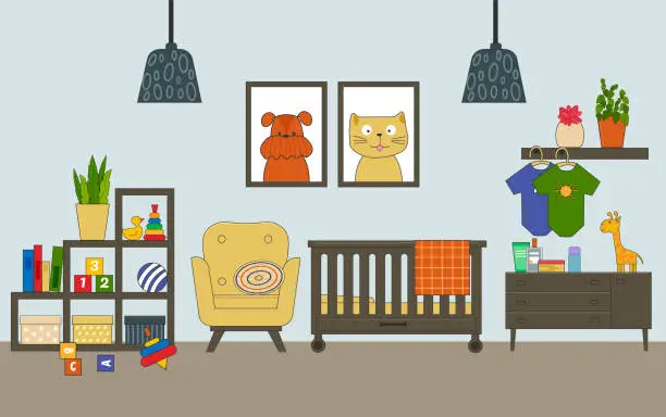 Vector illustration of Interior of a children room for a boy. Modern furniture - wardrobe and bed, toys, bedside table, care items and clothes. Vector illustration.