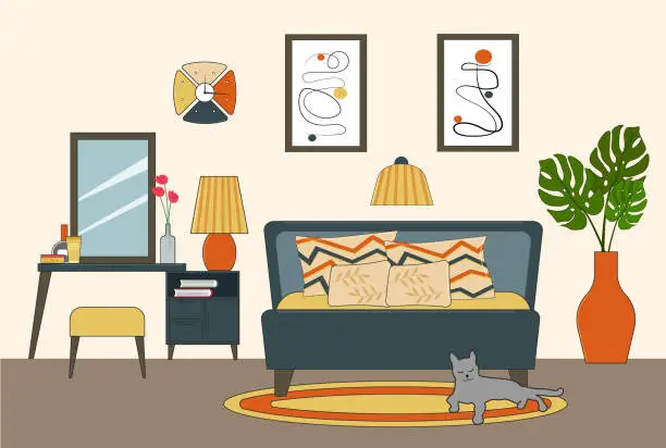 Vector illustration of Modern living room interior. Furniture items - a wardrobe and a bed, a bedside table with a mirror, paintings and shelves on the wall, a floor lamp.