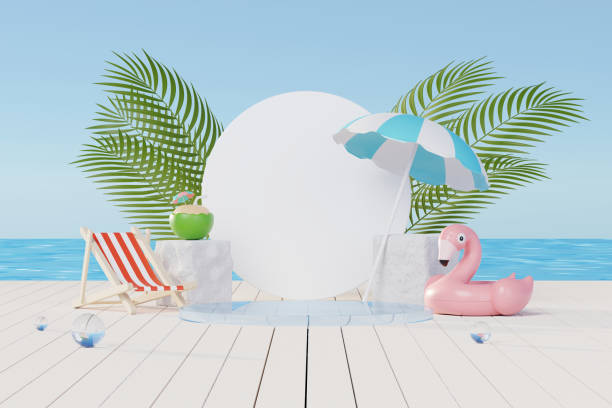 istock 3D render Summer vacation abstract product display, Minimal Realistic Display Podium in the blue ocean sea background concept, Cosmetics with tropical summer island, umbrella, inflatable ring. 1502463785