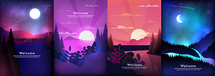 istock Set of illustrations landscapes in a minimalist style. Vector poster, wallpaper, background, banner. 1502464287