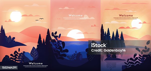 istock Set of illustrations landscapes in a minimalist style. Morning or evening, sunset or sunrise, river, sea or ocean with mountains. Vector poster, wallpaper, background, banner. 1502464291
