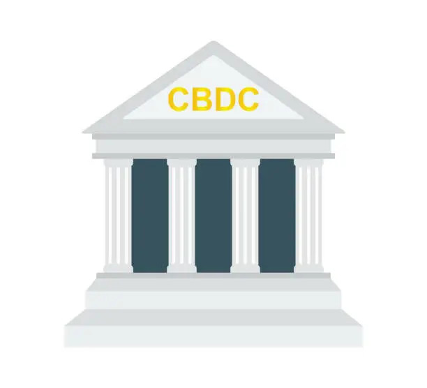 Vector illustration of Central Bank Digital Currency. Front View Of Bank Building On White Background