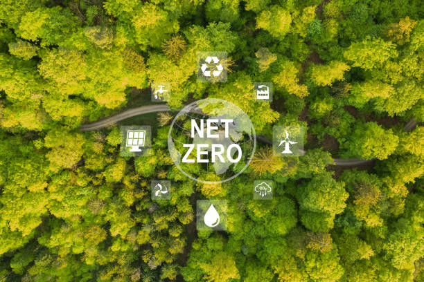 istock Carbon neutral and net zero concept natural environment Climate-neutral long-term strategy greenhouse gas emissions targets with net zero icon on green nature background. 1502467455